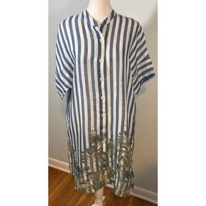 Vilagallo Linen Shirt Dress Size S Jungle Border Print Blue White Stripe